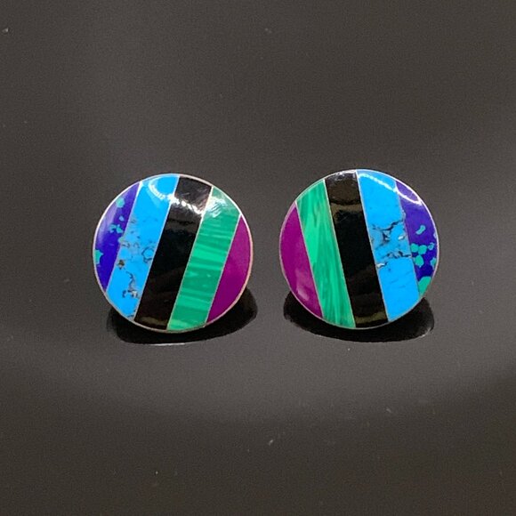 CII MEXICO Stone Inlay 925 Sterling Silver Vtg Mexican Pierced Earrings J610 - Picture 1 of 8